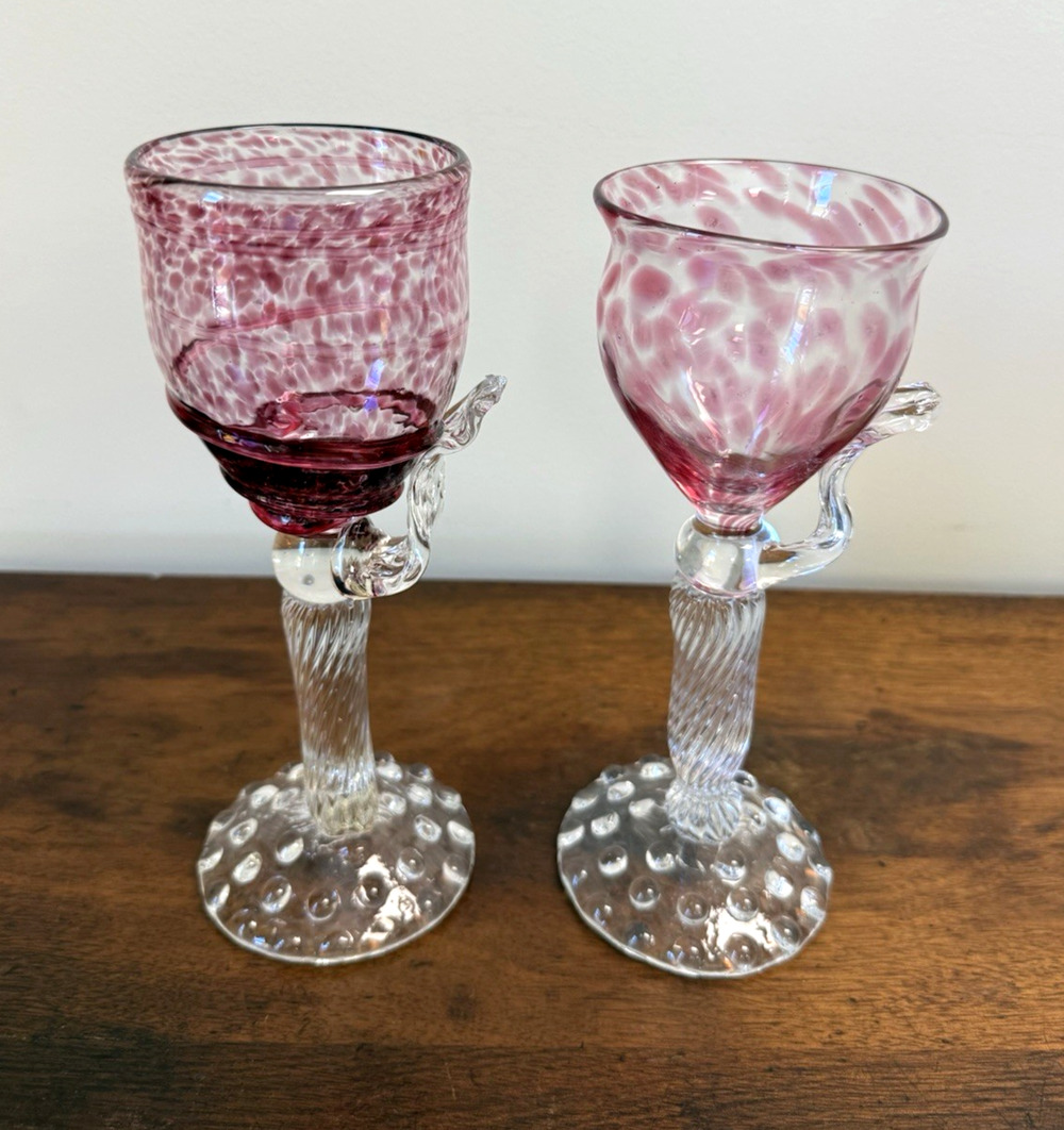 Jerry Catania Signed 1993 Studio Art Glass Goblets Pink Applied Leaf Pair